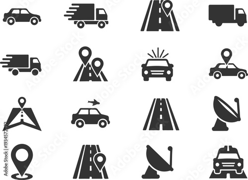 Vector art of black transportation and navigation icons