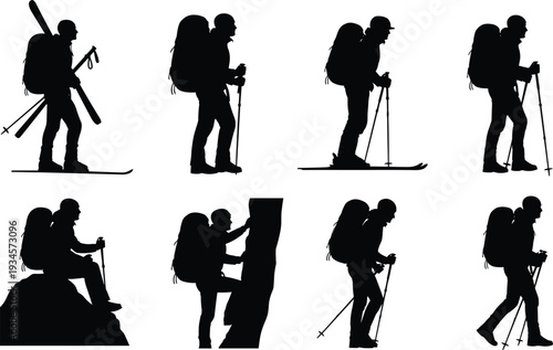 Hiker and mountaineer silhouettes vector set, trekking backpackers with ski and climbing gear, outdoor adventure collection isolated on white background
