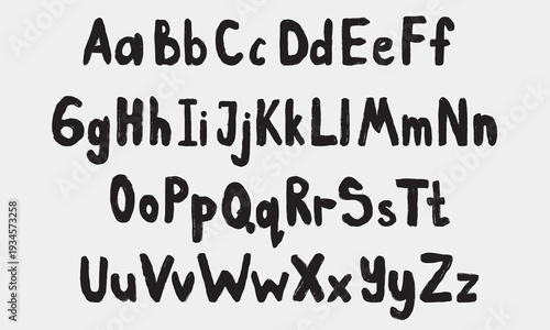Hand drawn English alphabet in black color. Vector sketch illustration in vintage crayon charcoal style. Brush drawn grunge typography. Lowercase and uppercase letters.