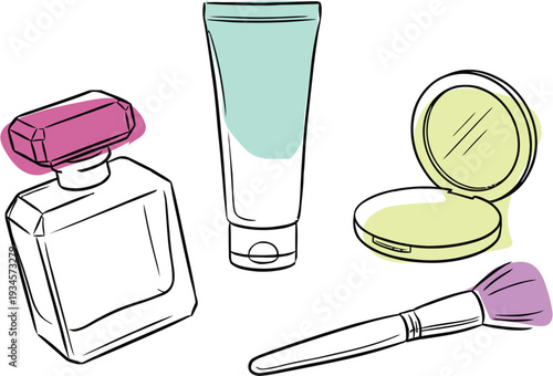 Hand drawn makeup and beauty products set. Perfume bottle, face powder and cosmetic