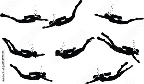 Scuba divers silhouette set, underwater swimming positions, marine exploration, diving gear, bubbles rising, ocean adventure, aquatic sport, deep sea activity illustration