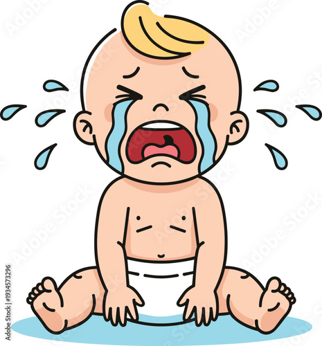 Crying Baby Cartoon Illustration, Cute Toddler Character with Tears Sitting Isolated on White Background for Parenting and Childcare Design