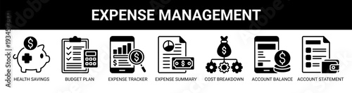 Expense Management web banner icon vector illustration concept with icons of health savings, budget plan, expense tracker, expense summary, cost breakdown, account balance, and account statement.