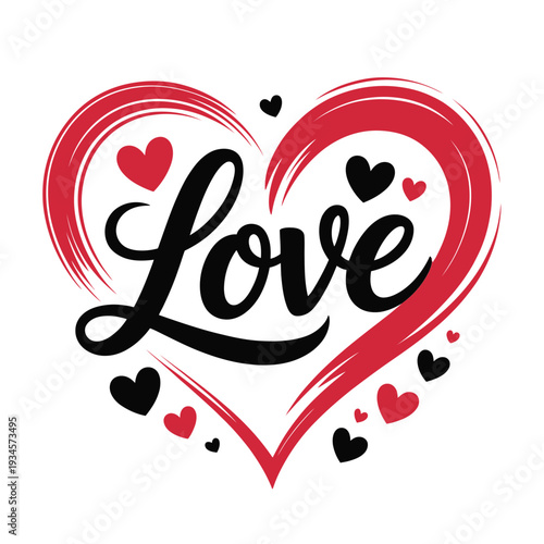 A vibrant red heart shape displays the word love in elegant calligraphy