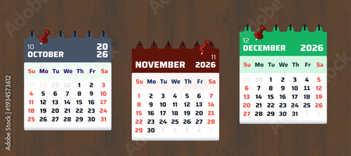 October, November, December calendar 2026. Calendar 2026 with modern paper style on wooden background. Best for organizer, schedule, and reminder design. Vector illustration.