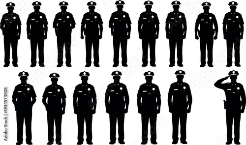 Set of black silhouette police officer vectors showing law enforcement personnel in uniform standing and saluting isolated on white background