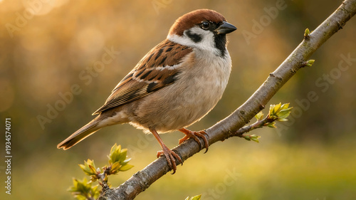Wallpaper Mural A close-up shot of a Eurasian Tree Sparrow sitting on a thin tree branch with small green buds during the golden hour. Torontodigital.ca
