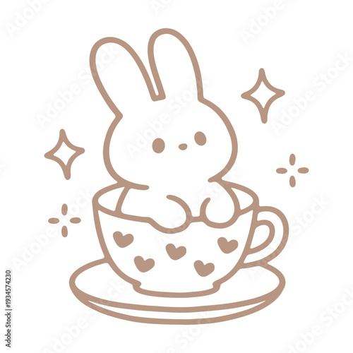 A cute cartoon bunny sitting in a heart-patterned teacup with a saucer, surrounded by sparkles.