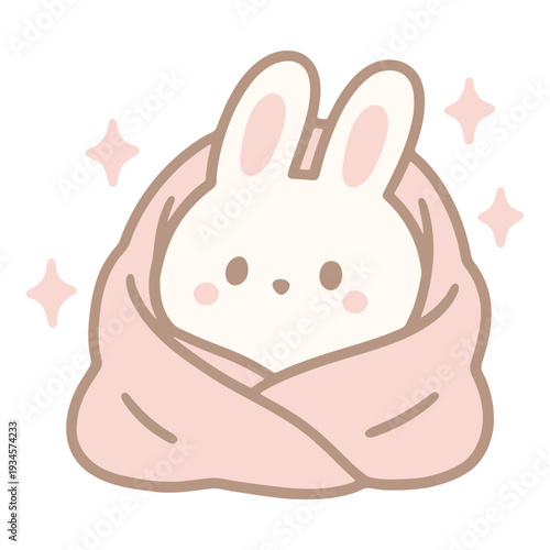 A cute cartoon bunny wrapped in a pink blanket with stars around it
