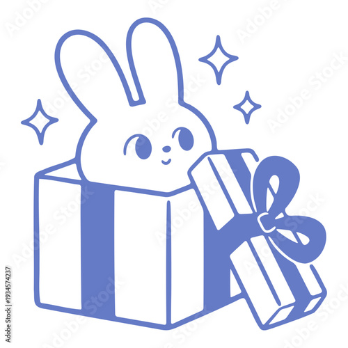 A cute cartoon rabbit peeking out of a gift box with a bow and sparkles around it