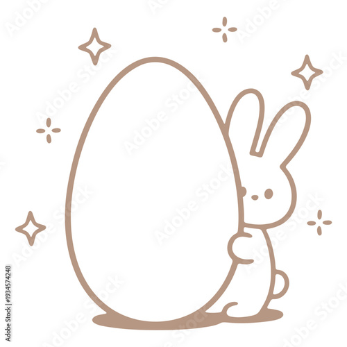 A cute cartoon bunny standing next to a large Easter egg with sparkles around it