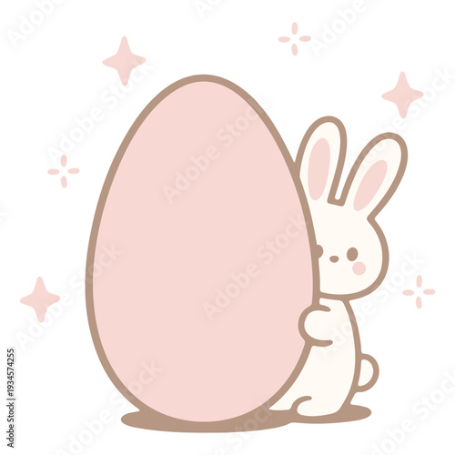 A cute cartoon bunny standing next to a large pink Easter egg with sparkles