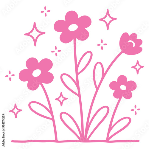A minimalist vector illustration of pink flowers with sparkles on a white background