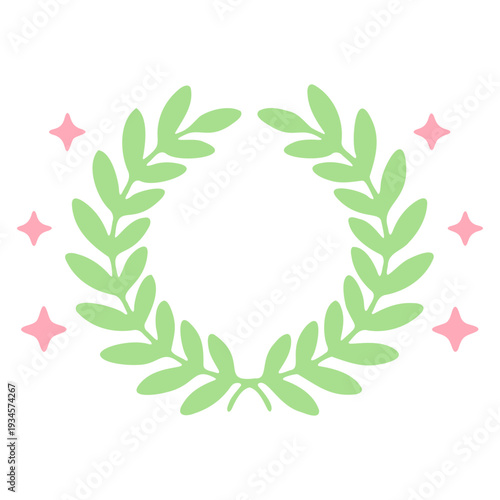 A delicate green laurel wreath with pink stars on a white background