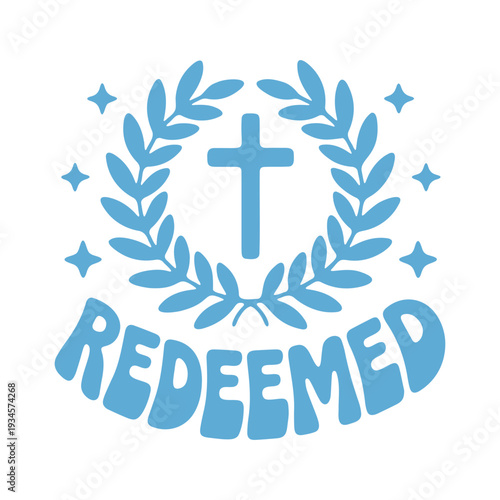 A blue vector graphic illustration of a cross surrounded by laurel leaves and the word REDEEMED