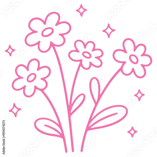 A minimalist pink flower illustration with sparkles on a white background