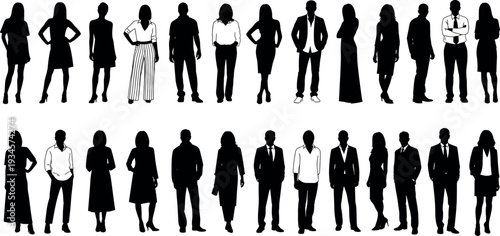 Vector illustration of diverse standing people silhouettes in black and white featuring businessmen and women for professional corporate design projects