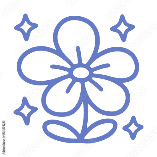 A minimalist blue flower icon with sparkles on a white background