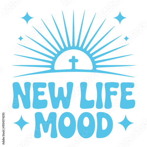 A vibrant blue vector graphic illustration of a sun with a cross, symbolizing new life and positivity