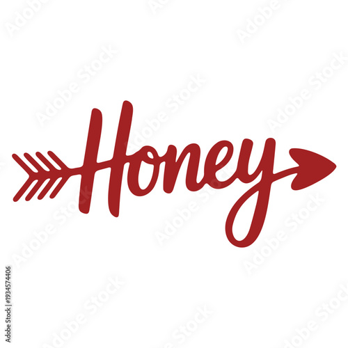 A stylized red vector graphic illustration of the word 'Honey' with an arrow