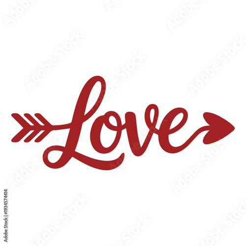 A red vector graphic illustration of the word Love with an arrow through it