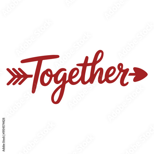 A stylized red vector graphic illustration of the word 'Together' with an arrow design