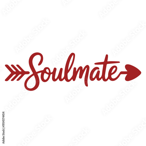 A minimalist vector graphic illustration of the word 'Soulmate' with a red arrow and heart design
