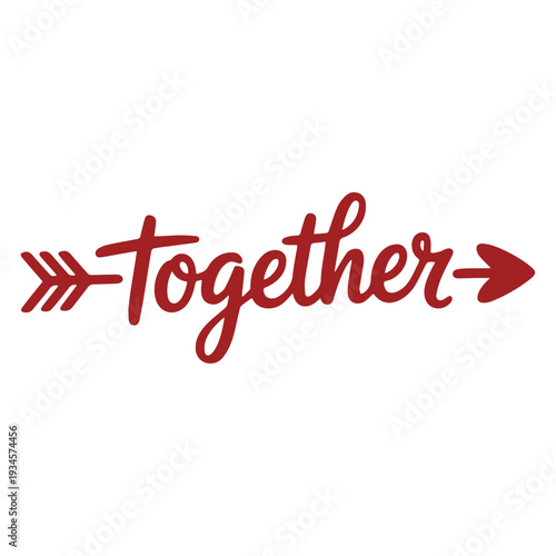 A red vector graphic illustration of the word 'together' with an arrow design