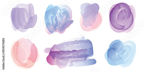 Abstract watercolor brush strokes in pastel purple, blue, and pink colors on a white background