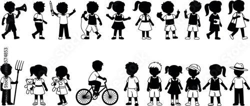 Vector silhouette set of diverse little children engaging in daily activities, hobbies, education, and playtime isolated on a white background.