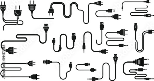 Vector black silhouette of electric power plugs and USB cable icons including charging wires and connection cords isolated on white background for technology design