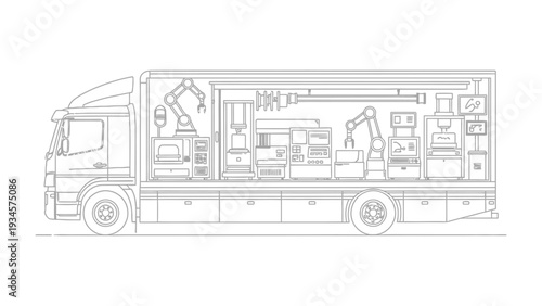 Innovation on Wheels: A detailed illustration captures the intricate interior of a state-of-the-art mobile laboratory, filled with robotic arms and advanced scientific equipment.