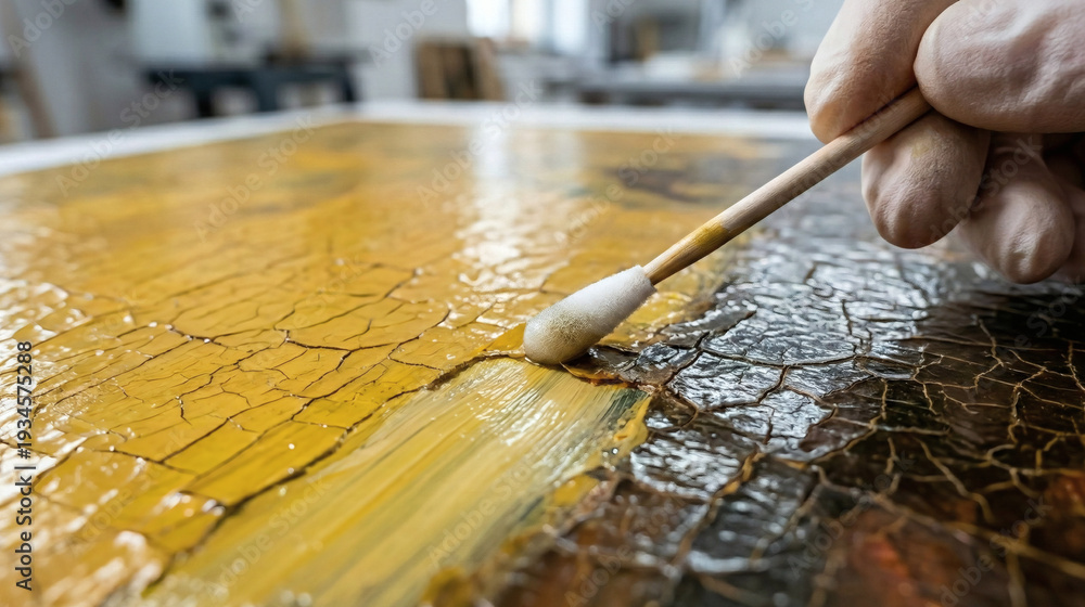 Obraz premium Close-up of an art restorer using a micro-swab to clean dark aged varnish from a classic cracked oil painting