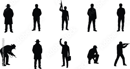 Vector black silhouette of secret agent and detective icons with armed men including security guard and undercover police officer poses isolated on white background