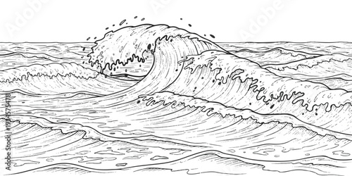 A detailed black and white illustration depicting a powerful ocean wave cresting and breaking
