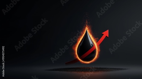 A drop of black oil burning with a rising red arrow, symbolizing fuel price increase, energy crisis, and global market inflation in a bold conceptual style.