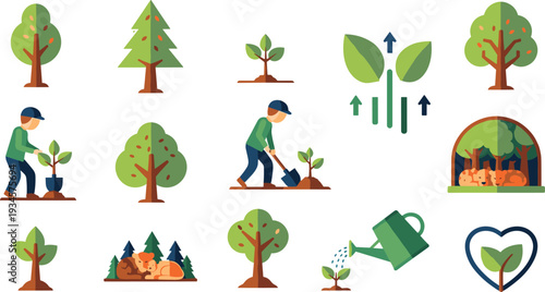 Tree Planting and Forest Growth Icon Set with Reforestation Gardening Watering Can and Environmental Care Flat Vector Collection