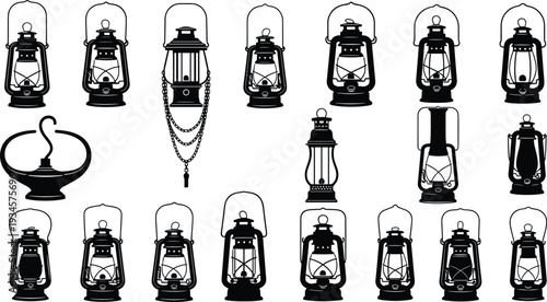 Vector black silhouette of vintage lantern icons including traditional oil lamps and antique kerosene camping lights isolated on white background for outdoor graphic design