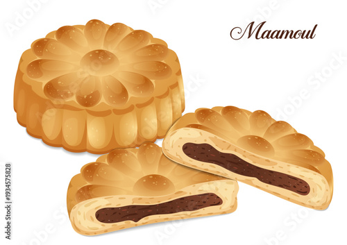 Traditional Middle Eastern Maamoul Cookies Filled with Dates, Halved and Stacked Semolina Butter Biscuits for Eid al-Fitr, Easter, and Ramadan Celebrations