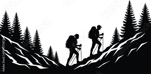 Hikers climbing mountain silhouette vector illustration, backpackers trekking on rocky trail with pine forest landscape, outdoor adventure nature scene isolated on white background