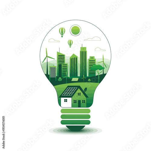 Ecofriendly cityscape inside light bulb with green landscape and renewable energy sources