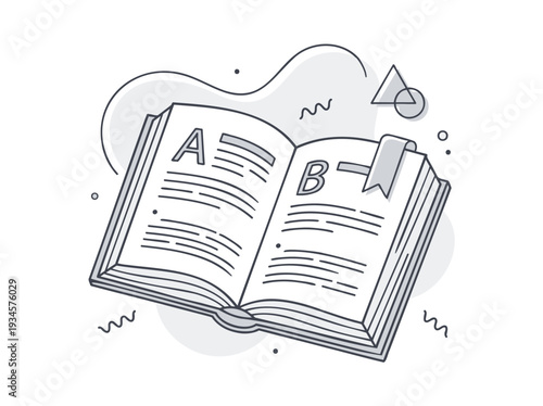 Open Dictionary Book featuring alphabet pages and bookmark, essential for English Language education, grammar, and vocabulary study, in modern minimalist line art, monochrome clean vector graphic.