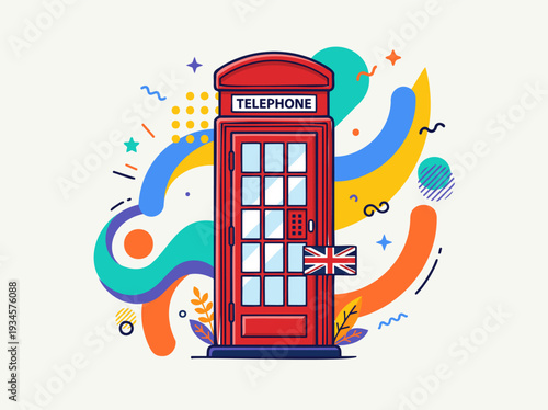 British Red Telephone Box Featuring Union Jack Flag and Playful Abstract Shapes, Symbolizing English Language, UK Culture, and Communication in a Vibrant, Modern Flat Vector Design, Isolated Graphic.
