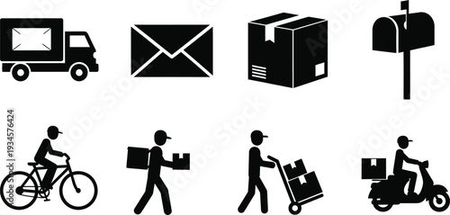 Icon bundle for delivery and shipping concepts featuring truck envelope box mailbox bicycle courier dolly and scooter