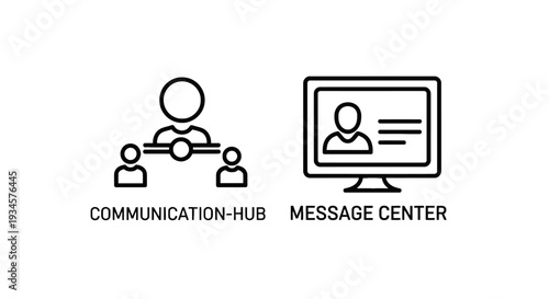 Communication hub icon and message center computer screen, abstract outline symbols for connection and network
