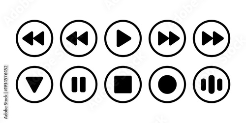 Set of video player control icons on white background