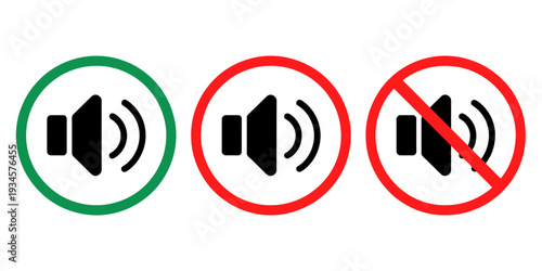 Sound volume control icons with green and red circles  speaker symbols