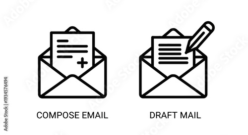 Compose email and draft mail icons with pen, illustrating writing and editing electronic messages