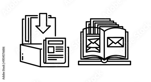 Document download and open book with envelopes icons. Information management and archival.