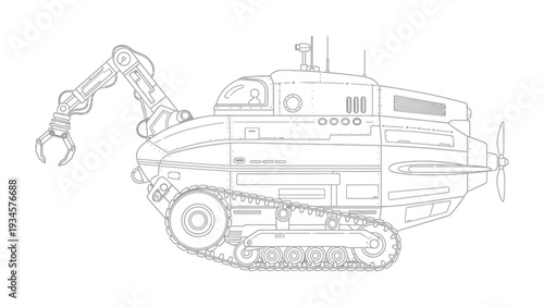 Underwater Robotic Vehicle Illustration: Detailed illustration of an underwater robotic vehicle, showcasing its advanced mechanical arm, robust treads, and cutting-edge propulsion system.